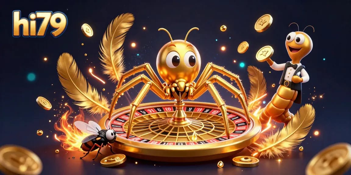 Engage with hi79 as a fly nervously bets at the roulette wheel spun by a golden spider in a lively casino scene.