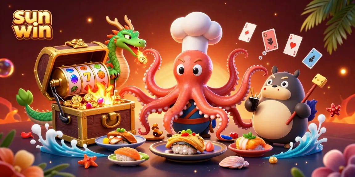 Experience the thrill at sun win casino with vibrant 3D characters and golden slot elements.