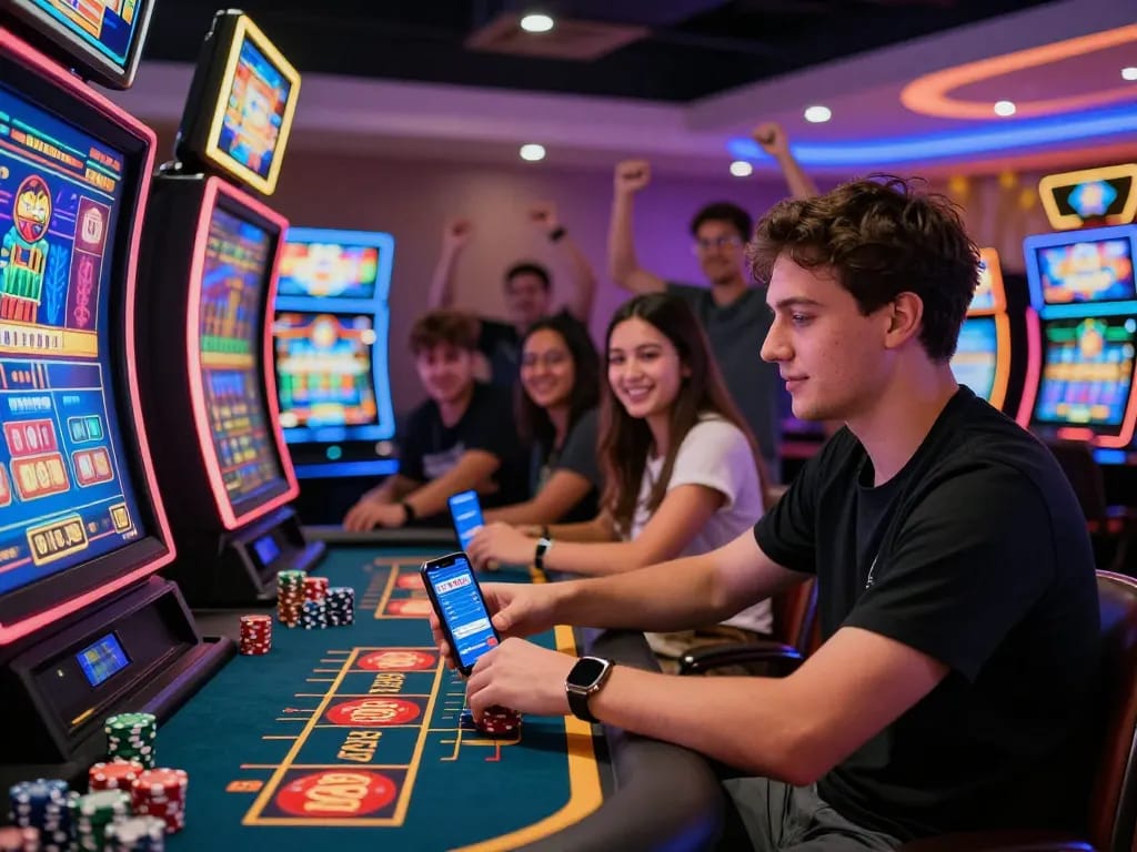 Engaged player enjoying thrilling gem88 online casino experience with vibrant atmosphere and colorful digital interface.