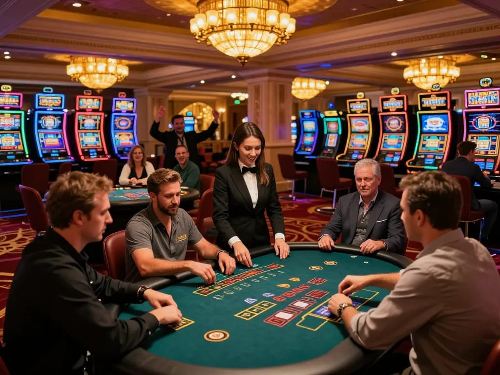 Players at ALO8 engage in a thrilling blackjack game under inviting casino lighting.