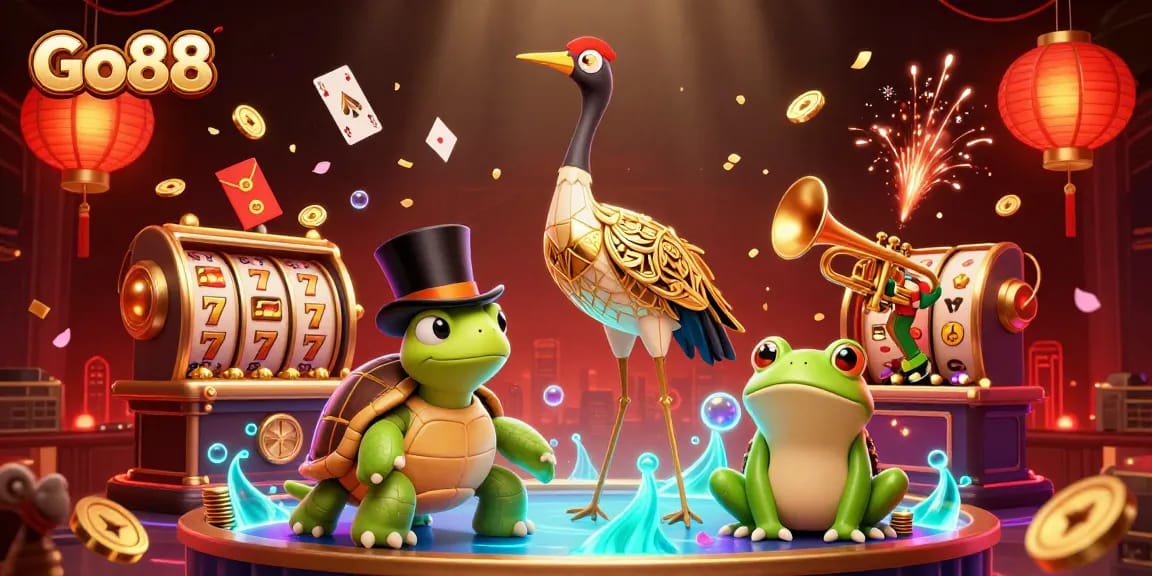 Experience high-stakes gaming with Go88's vibrant 3D casino illustration showcasing slot reels and festive elements.