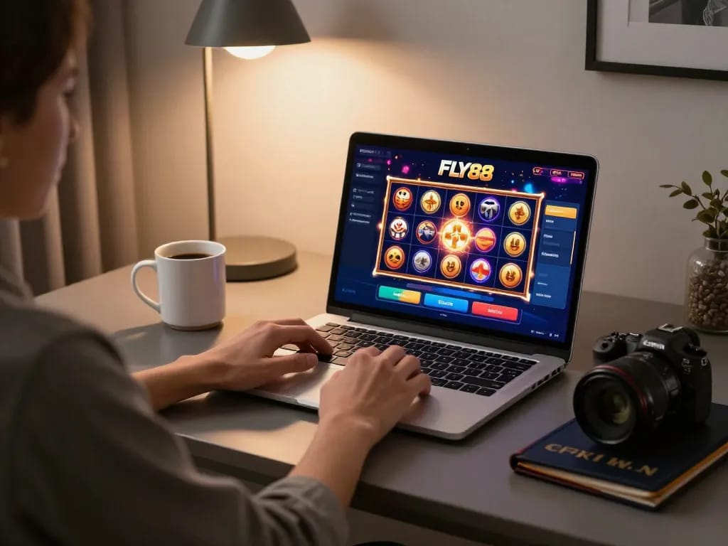 Engaging online gaming session on FLY88 with vibrant slot game visuals and cozy setup