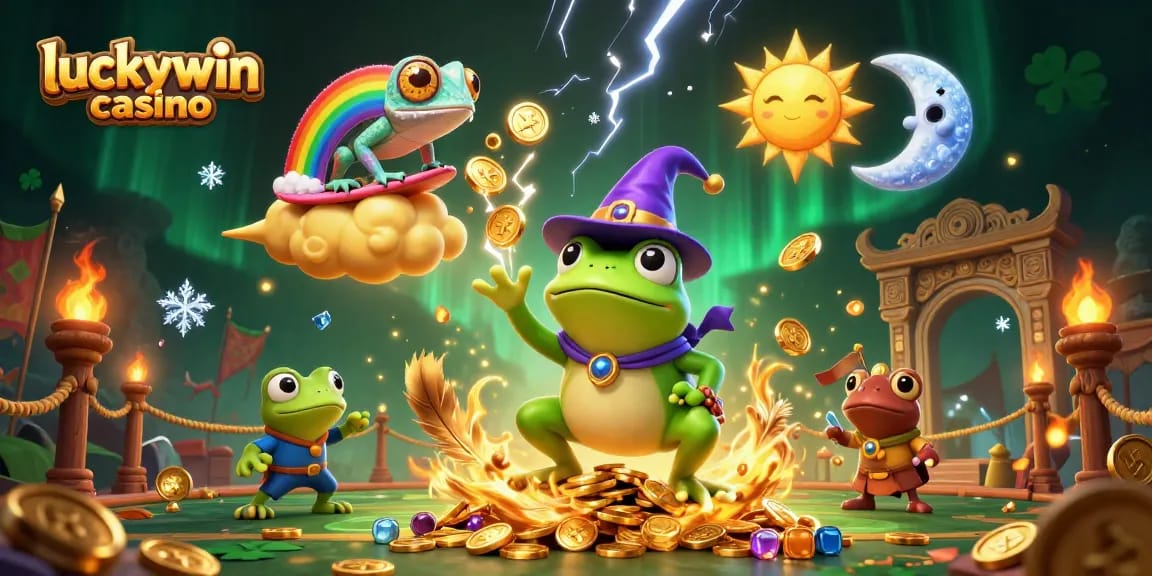 Engage with luckywin casino's vibrant 3D scene of joyful characters amidst golden coins and dynamic casino elements.