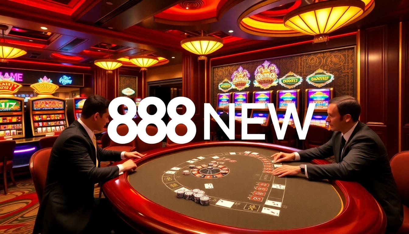 Players enjoy an exciting poker game at 888NEW's luxurious casino table, surrounded by vibrant chips and cards.