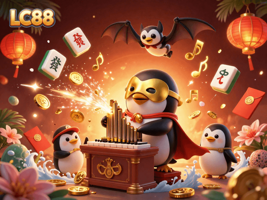 Experience thrilling wins at LC88 as golden coins overflow from a grand organ in a vibrant casino scene.