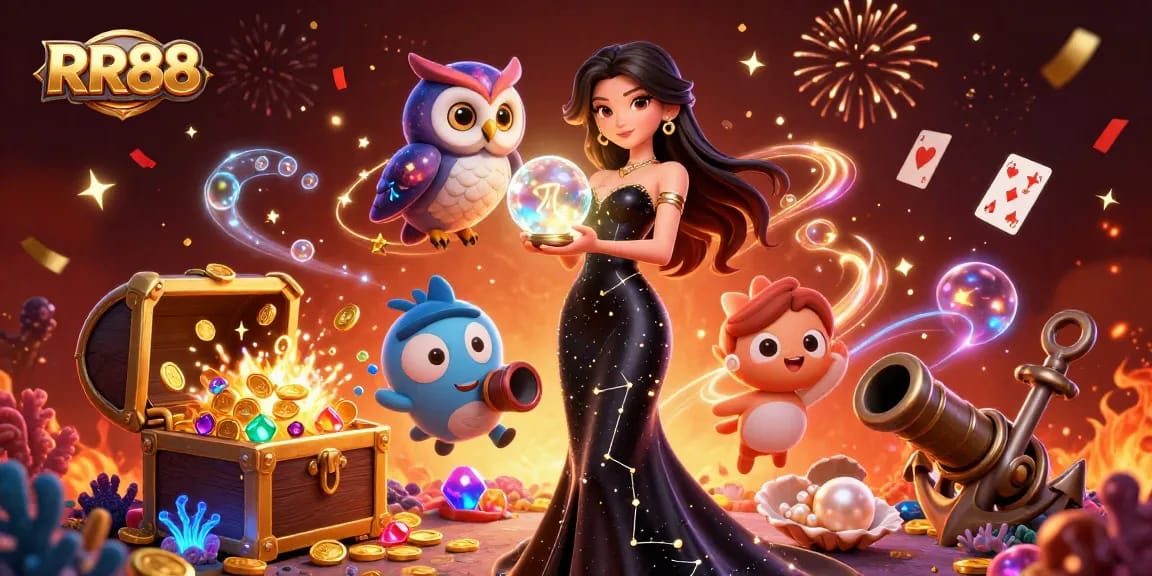 Immerse in RR88's vibrant casino experience with a mystical scene of winning energy and colorful treasures.