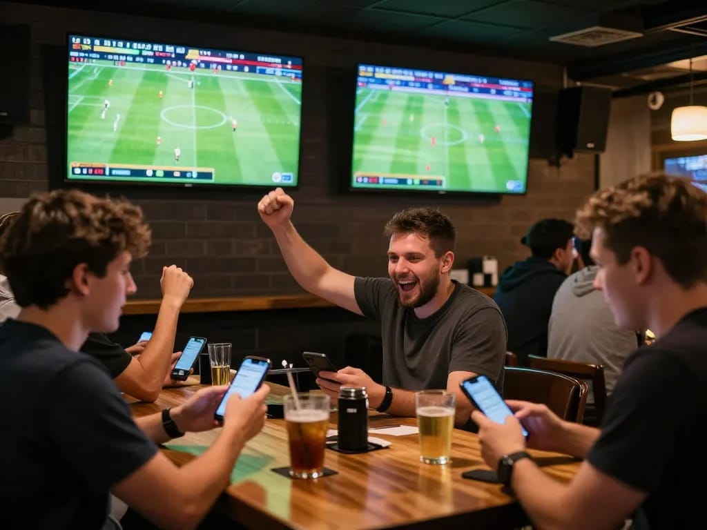 Bongdalu users actively engaging in sports betting at a lively venue, showcasing excitement and camaraderie.