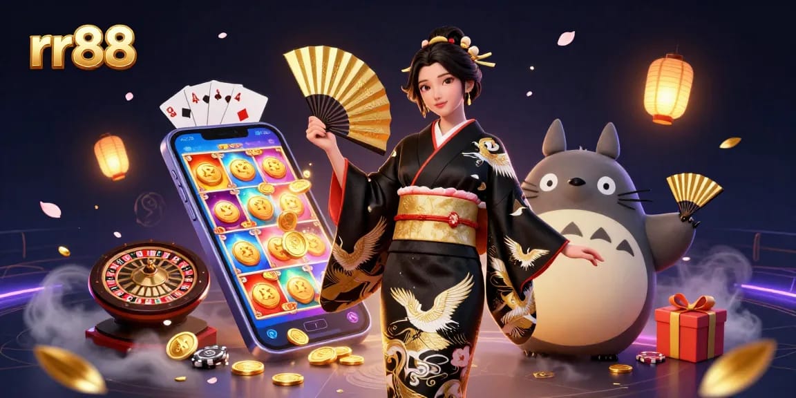 Experience the thrill of rr88 with an Asian-themed casino scene featuring a woman in a kimono and dynamic gaming elements.