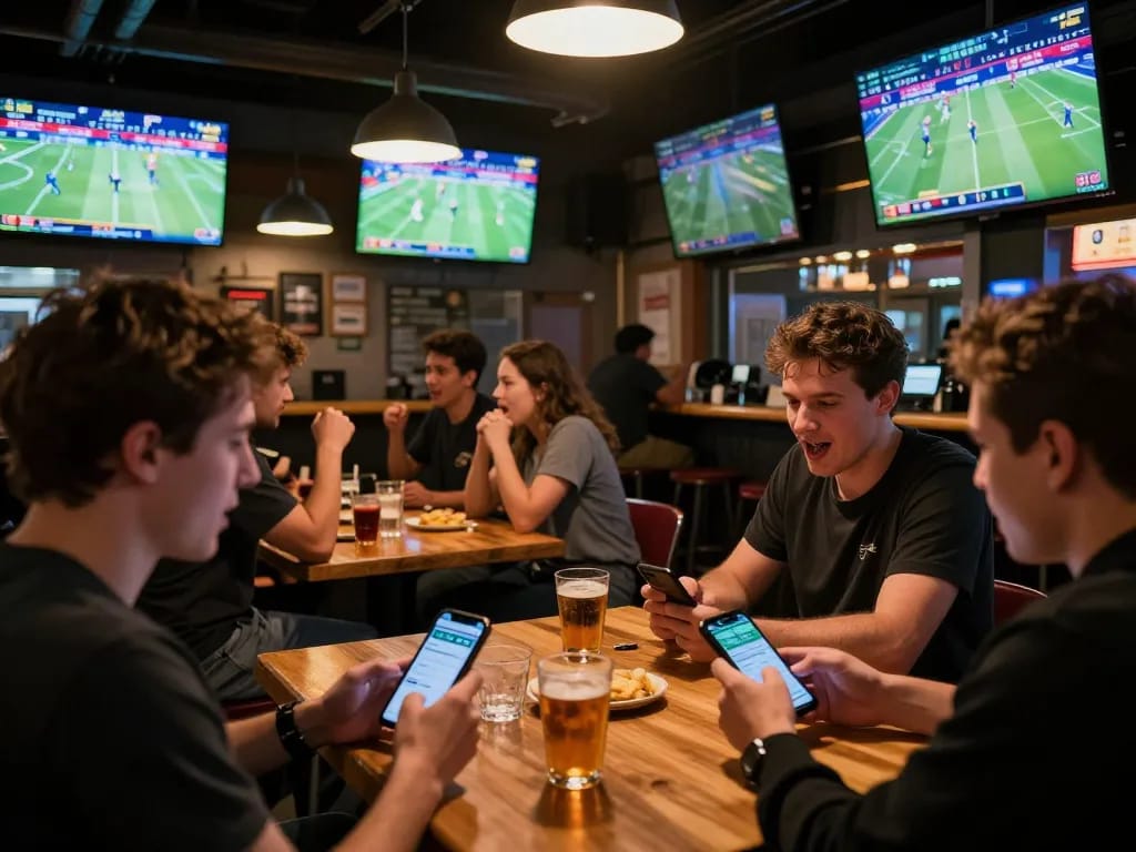 Fans engaged in sports betting at a lively venue, using apps to place bets on games, highlighting 33win1 experience.