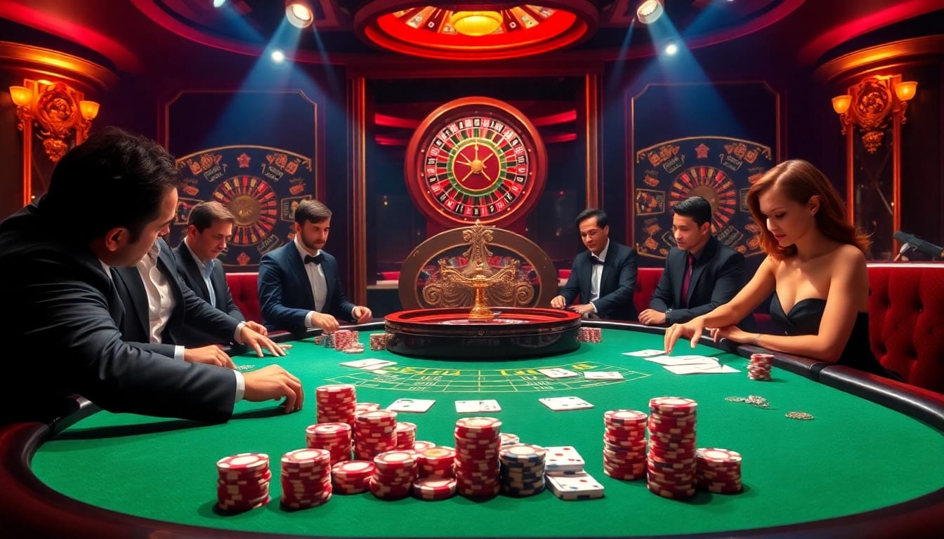 Join the excitement at https://pub88.in.net/ with a vibrant poker game filled with colorful chips and lively players.