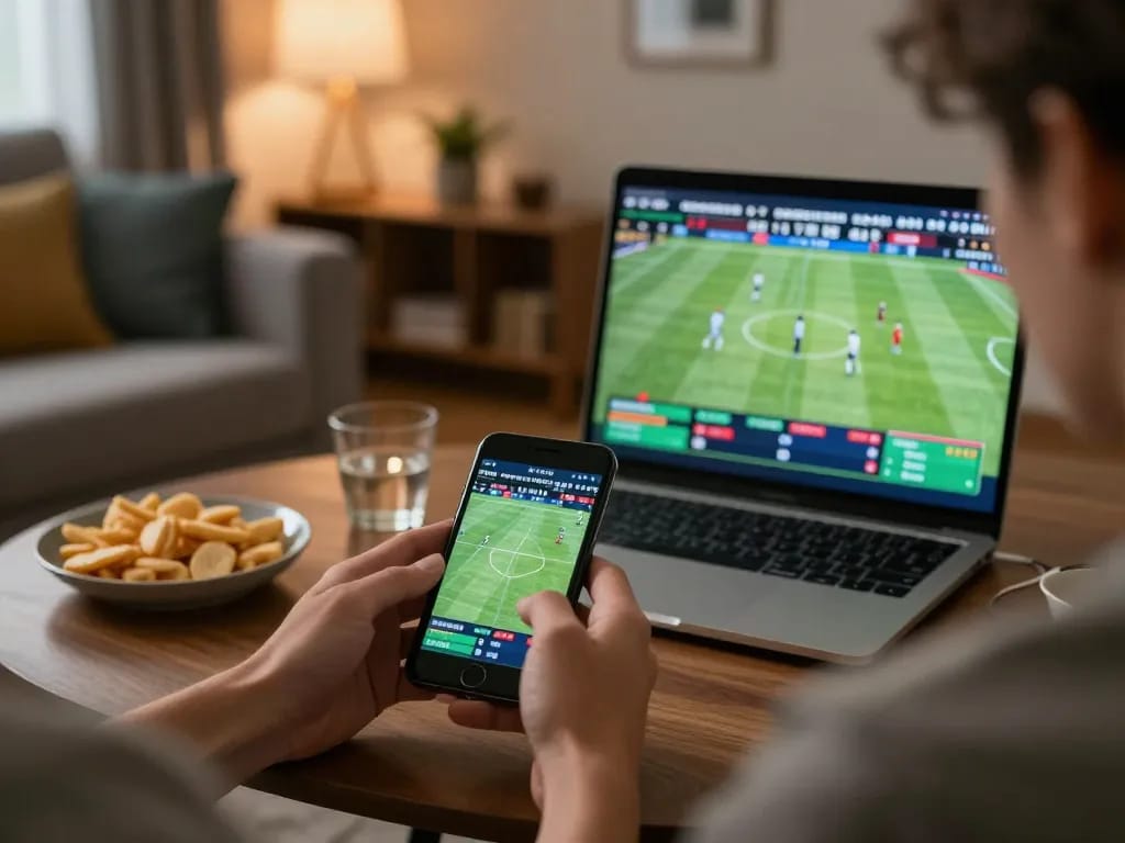 58win user enjoying live sports betting experience on smartphone in cozy living room setting.