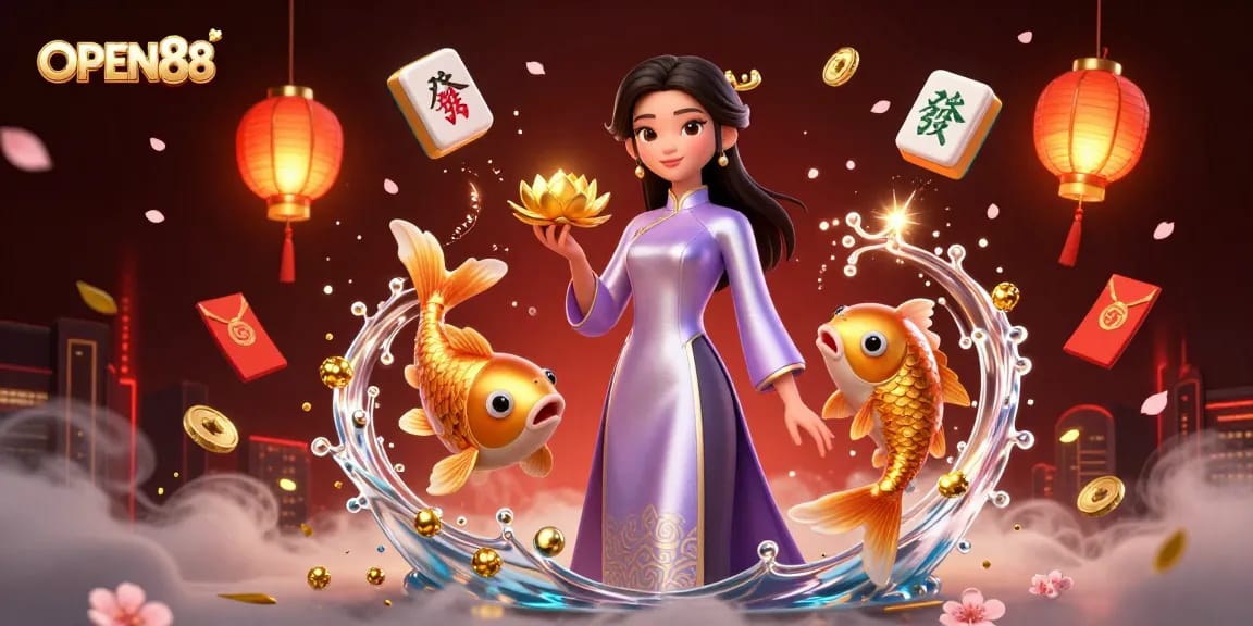 Engage in thrilling gaming action with OPEN88, featuring a vibrant 3D illustration of Asian woman with golden lotus.
