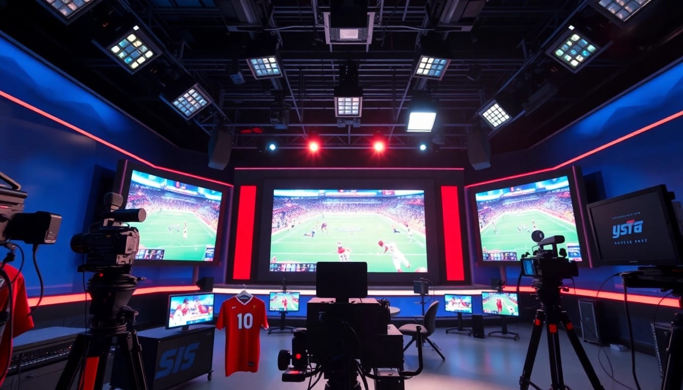 Dynamic sports broadcasting studio showcasing live events and advanced technology.