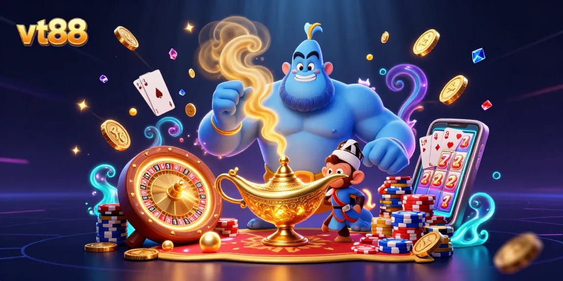 Win big at vt88 with a magical casino experience featuring a genie, poker chips, and golden coins.