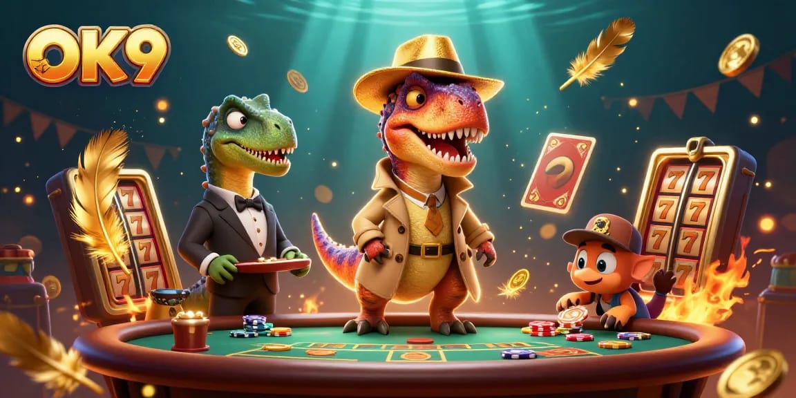 Engage in thrilling games at OK9 with a velociraptor card counter and a stegosaurus pit boss in action.