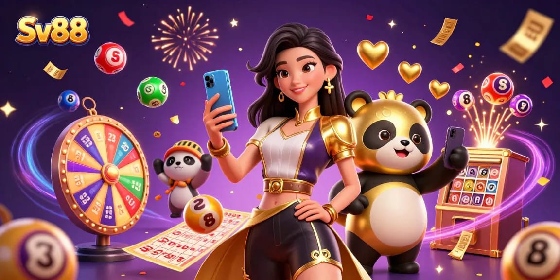 Experience the vibrant world of Sv88 with an Asian woman in a casino-themed scene, holding a smartphone.