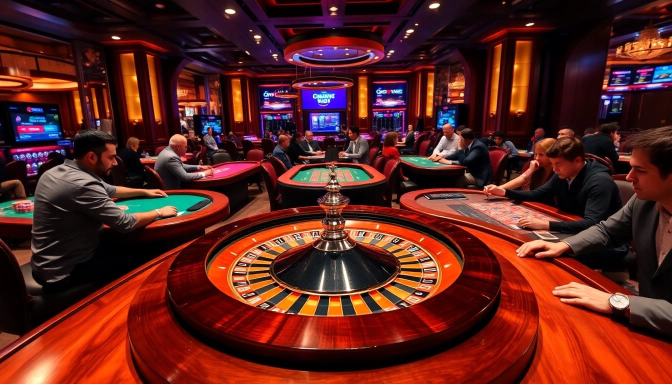 Engage in lô đề uy tín gambling at a vibrant casino with poker tables and roulette wheel.