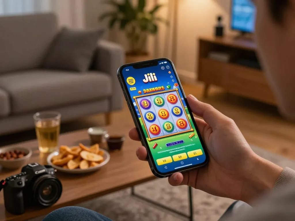 Engaging gameplay of Jili games on a smartphone in a cozy home setting with lively slot reels