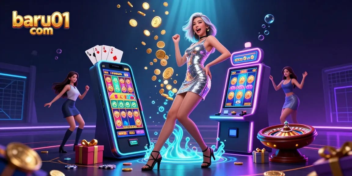 Berinteraksi dengan permainan menarik di baru01 com yang menampilkan mesin slot yang menawan di tengah suasana kasino yang meriah.