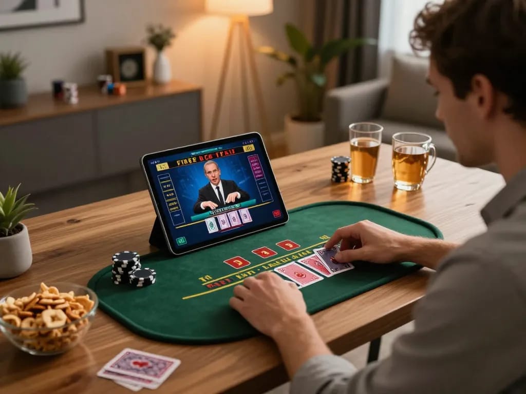 Engaged gambler enjoys thrilling online blackjack gameplay at home with ga8888, in a modern and cozy setting.