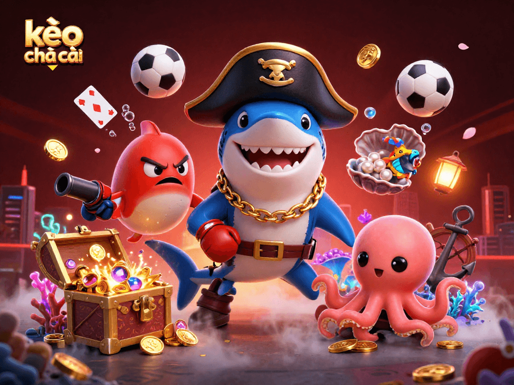 Engage with kèo nhà cái in this vibrant 3D scene featuring a fun pirate shark and underwater treasures.
