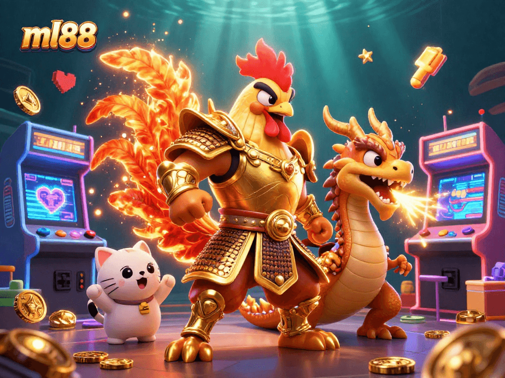 Experience thrilling gameplay at ml88 with a warrior rooster and dragon in an exciting casino scene.