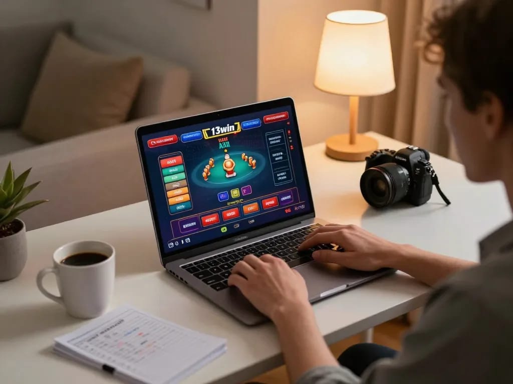 Engaging online gaming session on 13win with a player analyzing strategies and animated game interface.