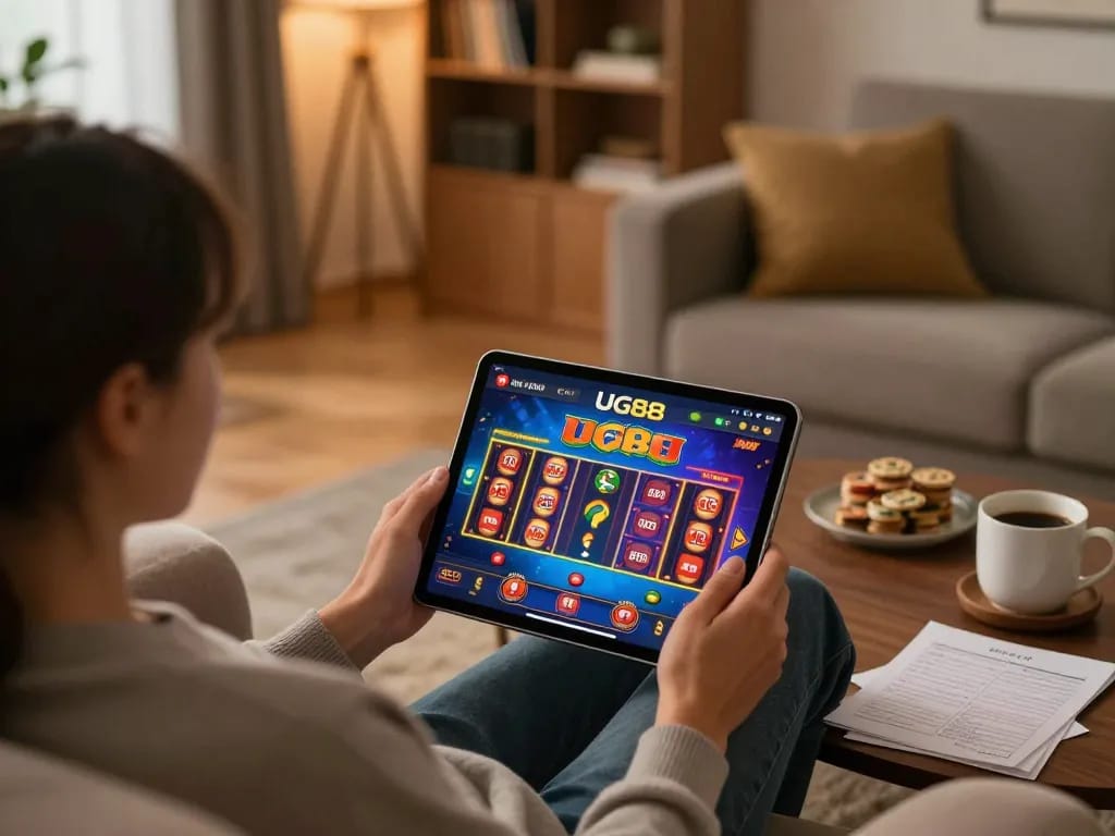 Engaged player enjoying UG88 online casino on tablet in a cozy home environment with vibrant gaming interface.