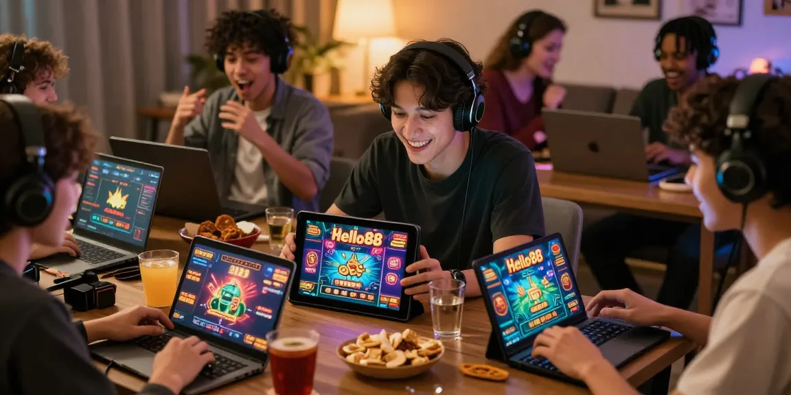 Hello88 gaming atmosphere with players enjoying interactive casino games on multiple devices.