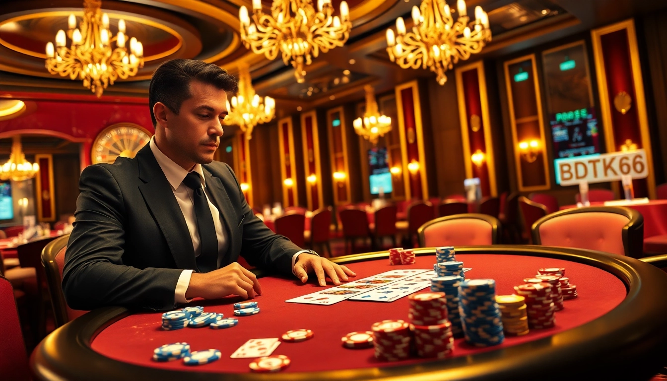 High-stakes poker game featuring BDTK66 poker chips in a luxurious casino setting.