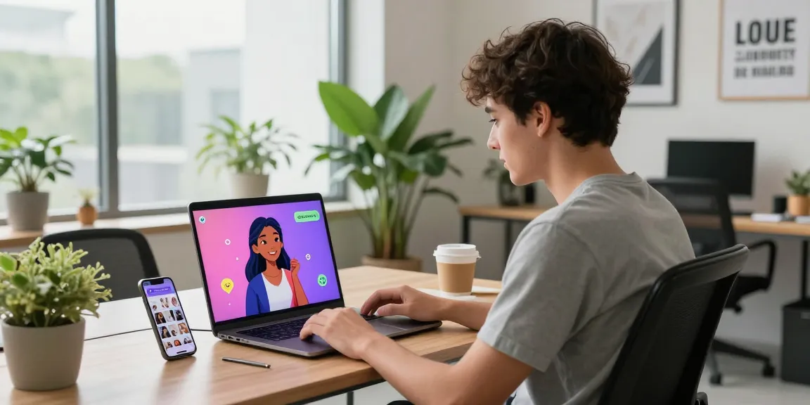 Engaging in an ai sex chat on a laptop in a modern workspace.