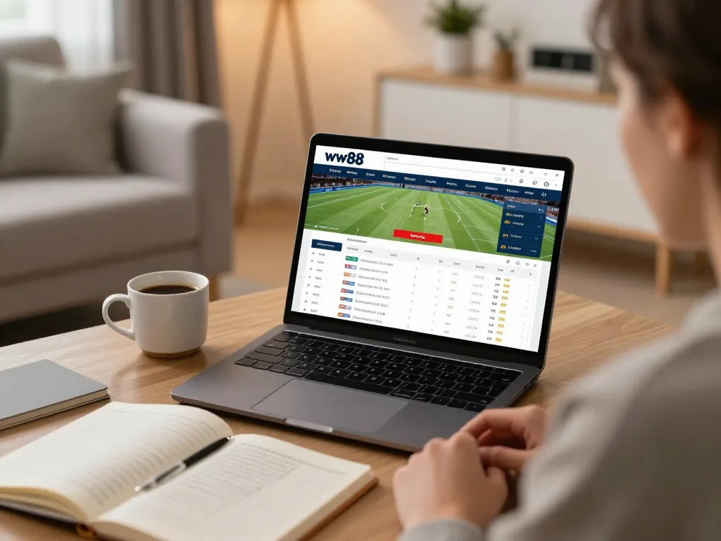 Engaging home betting experience with a person using the ww88 platform for live sports betting.
