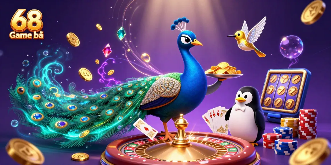 Experience 68 Game bài with vibrant 3D casino characters amidst cascading gems and golden chips.