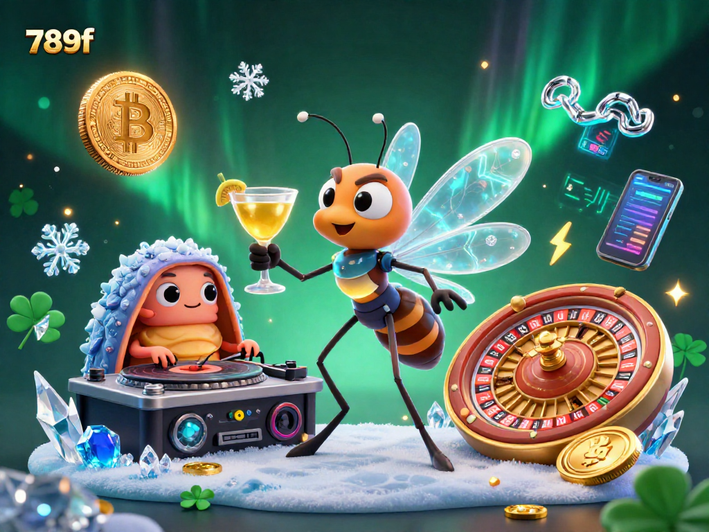 Experience the thrill of 789f with lively casino elements featuring slot characters and crypto coins.