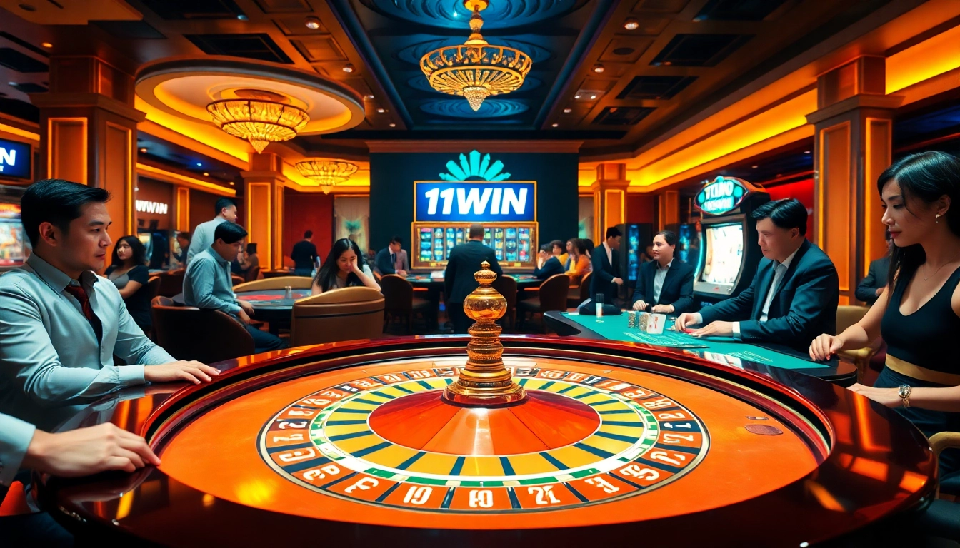 Experience the thrill of casino gaming at 11WIN, with players at a roulette table and poker chips in play.