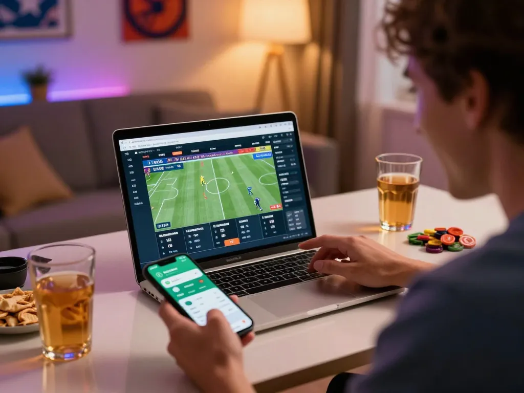 Engaging home sports betting scene with tỷ lệ kèo nhà cái hôm nay displayed on laptop screen, showcasing betting excitement and strategic decision-making.