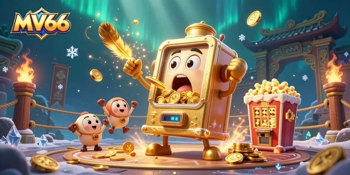 Experience the thrill at MV66 as a golden slot machine hits the jackpot, surrounded by cheering baby machines and festive elements.