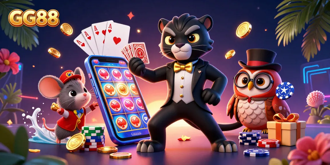 Engage with GG88 in vibrant 3D casino illustration, featuring dynamic card dealing and slot game excitement.