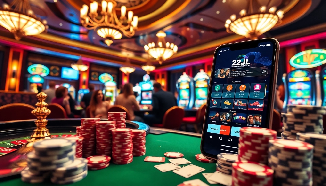 Experience the excitement of 22JL at a luxurious casino featuring roulette and slot machines.