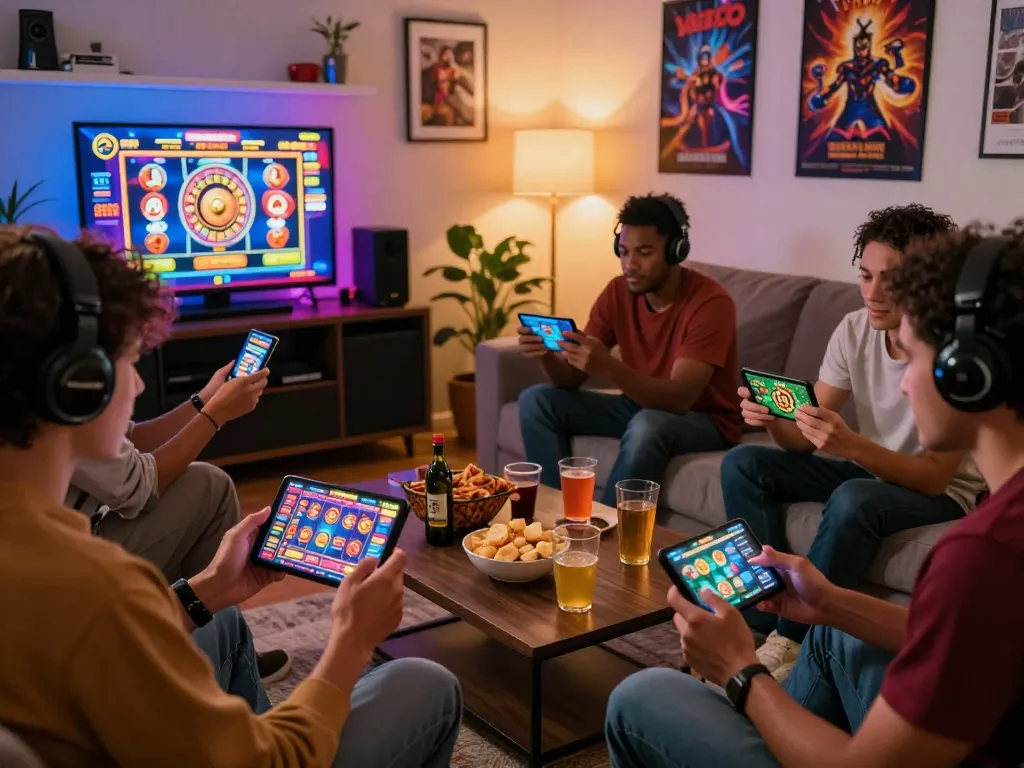 Friends enjoying gaming night with 789club mobile devices and snacks in a cozy setting