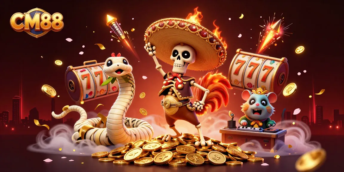 Experience the excitement of CM88 with a vibrant casino scene featuring charismatic characters and dynamic gaming elements.