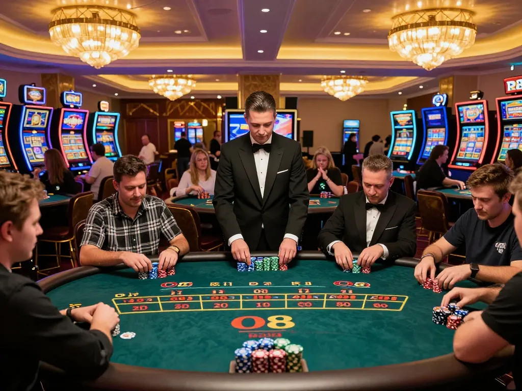 O8 players engaging at poker tables experiencing the thrill of live casino gaming