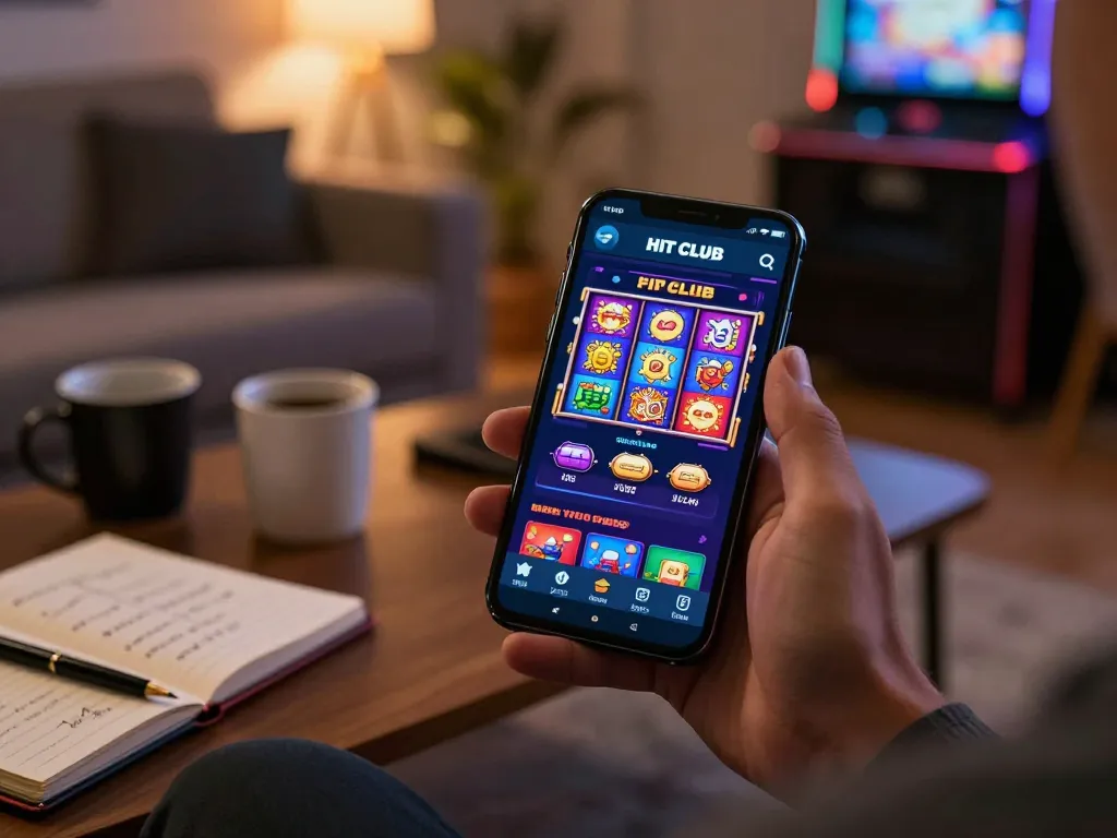 Engaging with the HIT CLUB app on a smartphone showing exciting games, promoting responsible gaming.