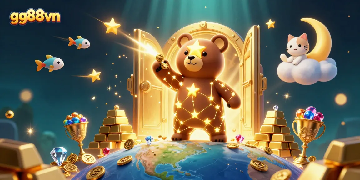 Experience the excitement at gg88vn with golden treasures and winning moments illustrated in a vibrant scene.