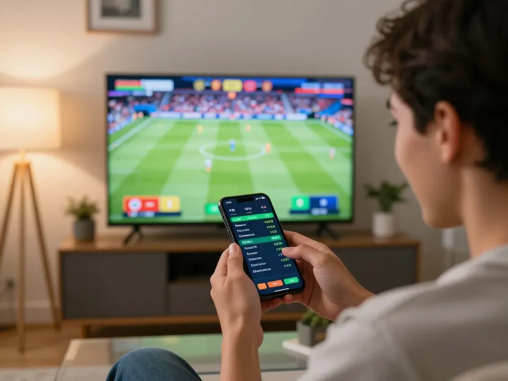 Person engaging with Bsport mobile app for sports betting, showcasing live betting excitement and analysis.