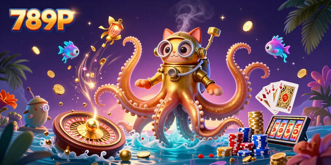 Experience the excitement of 789P with a kraken and diving cat in a rich, vibrant casino illustration.