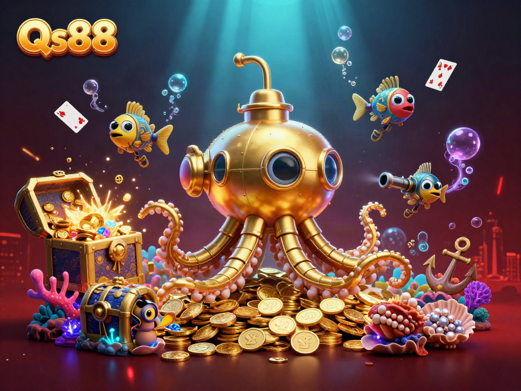 Experience Qs88 with a dynamic underwater scene featuring a powerful kraken submarine and treasures.
