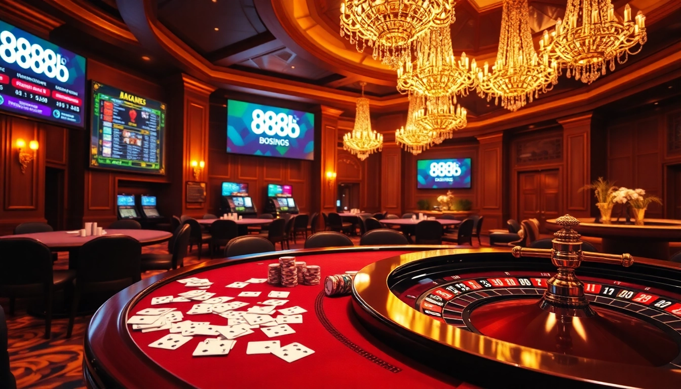 Feeling the excitement of 888b with vibrant poker chips and a roulette wheel at a luxury casino.