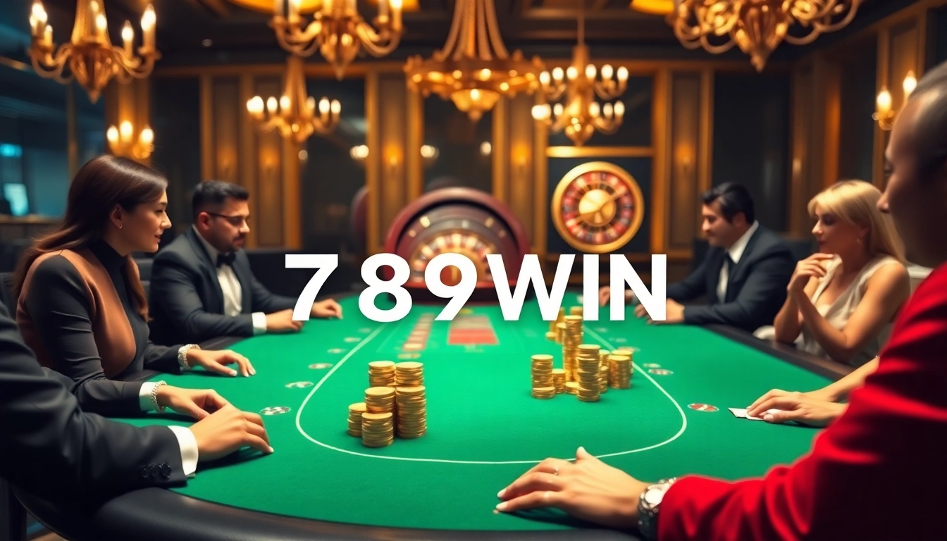 Players enjoying a thrilling poker game at 789WIN casino table with vibrant chips and roulette in the background.