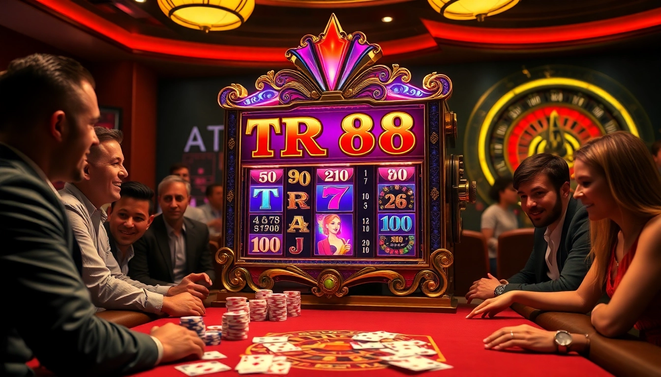 Players enjoying the TR88 slot experience with vibrant colors and excitement in a luxury casino.